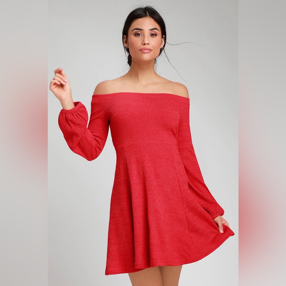 🆕(NWT) LULUs Flare Enough Red Off-the-Shoulder Skater Dress. SMALL. Long Sleeve